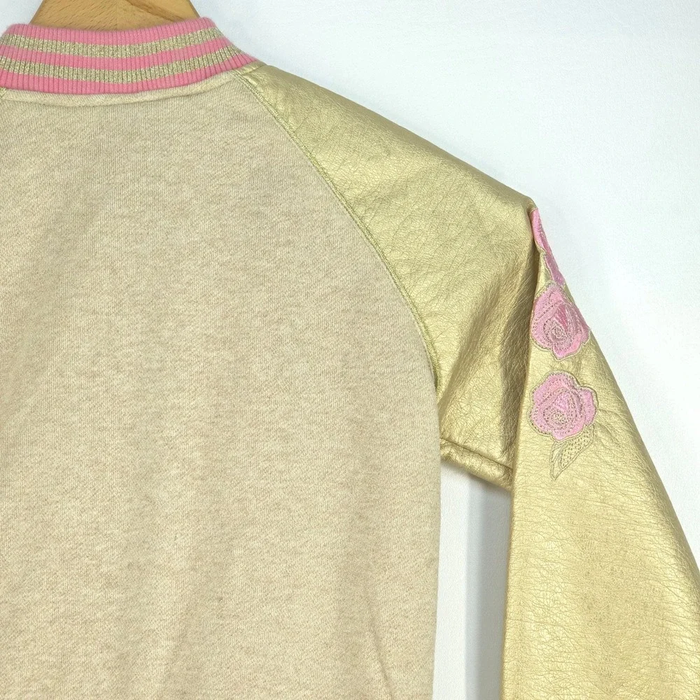 Disney Belle Gold Sleeve Bomber Jacket Girls 7/8 Floral Embroidery Princess Cute